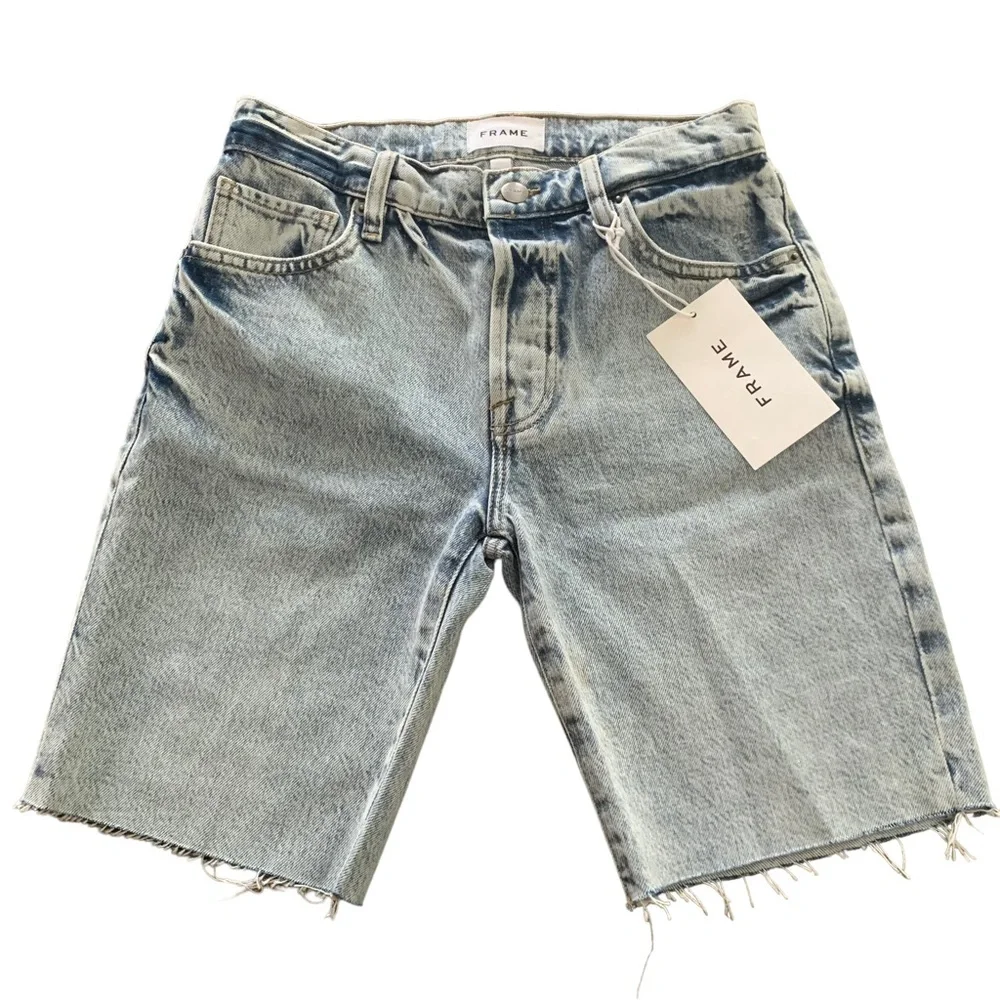 FRAME Le Slouch Bermuda Shorts Raw Hem Button Fly Blue Denim Size 23 NWT